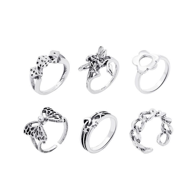 Retro Star Moon Butterfly Alloy Flower Rings 6 Pieces