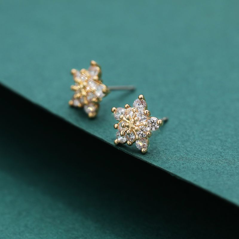 Shiny Snowflake Copper Ear Studs Inlay Zircon Copper Earrings