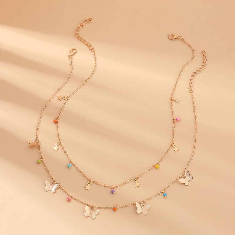 Sweet Star Butterfly Beaded Alloy Layered Plating Alloy Choker 1 Piece
