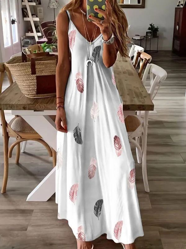 Femmes Robe À Bretelles Décontractée Élégant Mode Col En V Impression Sans Manches Impression Maxi Longue Robe Vacances Du Quotidien