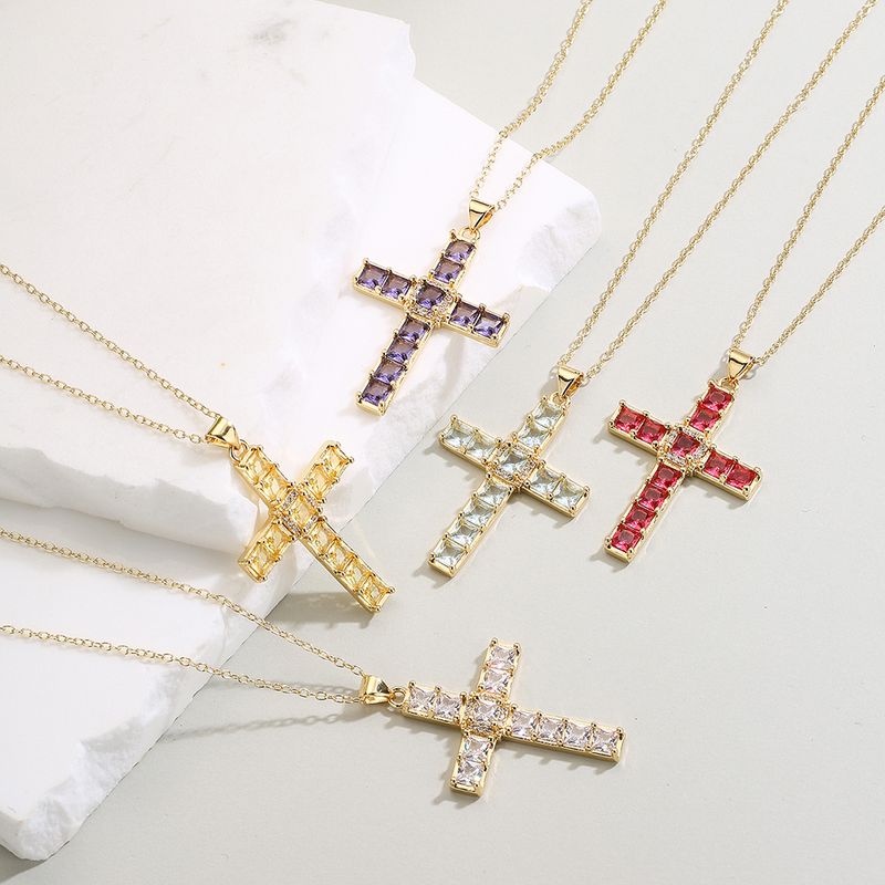 Fashion Cross Copper Pendant Necklace Inlay Zircon Copper Necklaces