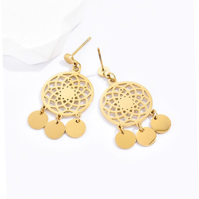 1 Pair Ethnic Style Round Tassel Hollow Out 304 Stainless Steel 14K Gold Plated Earrings