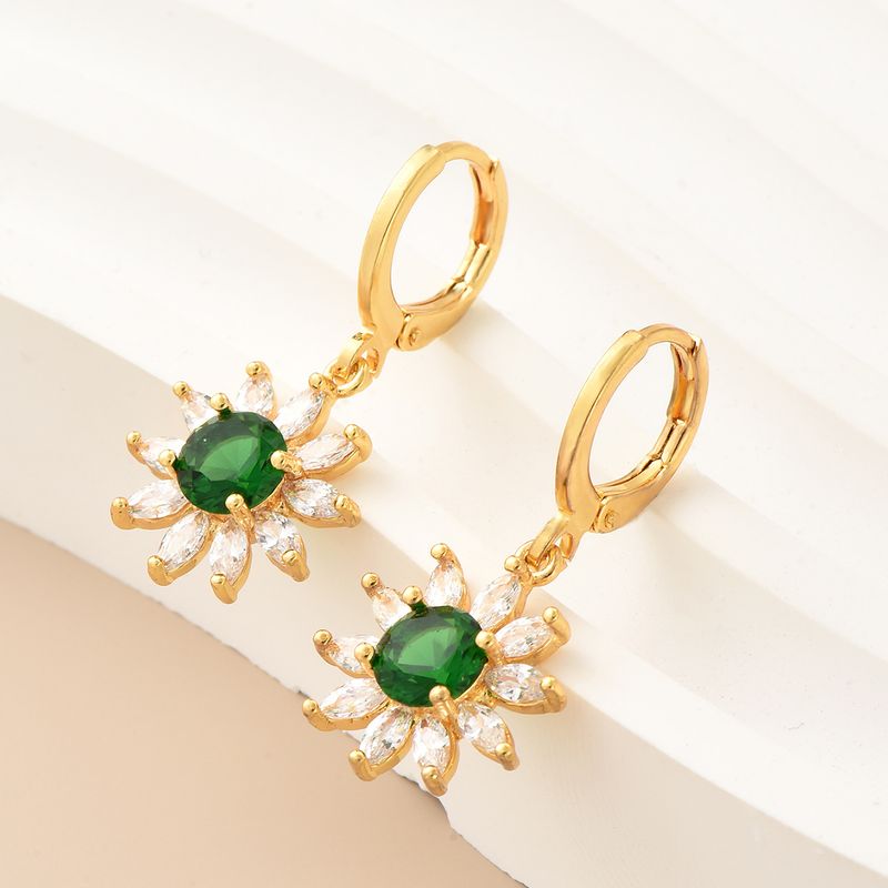 Fashion Flower Copper Drop Earrings Gold Plated Zircon Copper Earrings 1 Pair