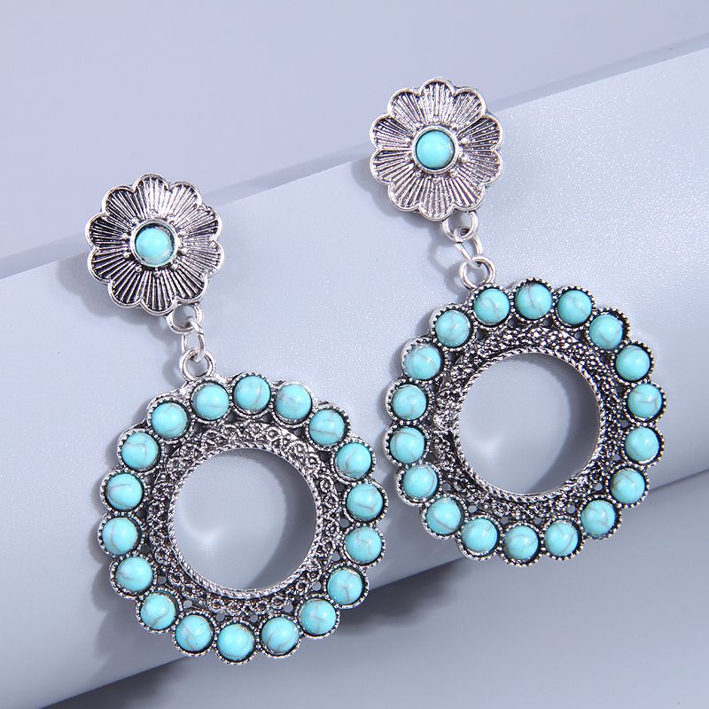 Retro Round Alloy Splicing Hollow Out Turquoise Drop Earrings 1 Pair