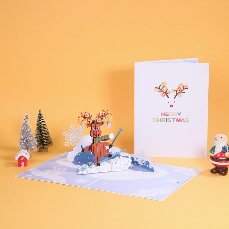 Skiing Elk Christmas New Stereoscopic Greeting Cards Creative Paper Blessing Message Card 3d Pop-up Creative Greeting Card