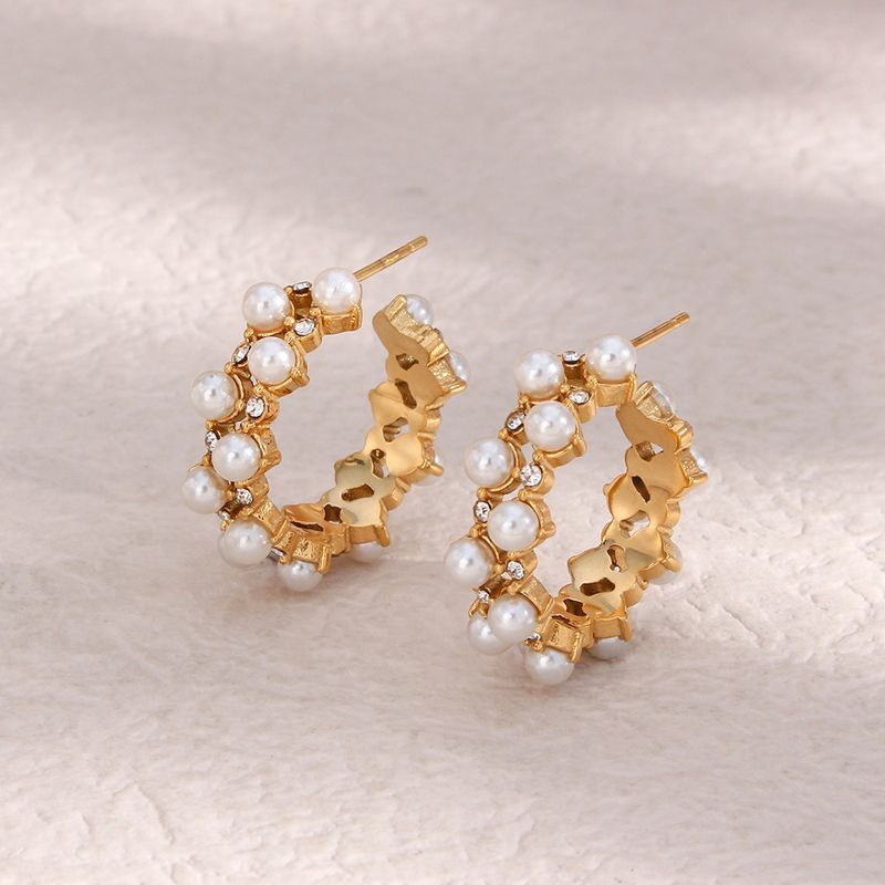 Elegant C Shape Inlay Stainless Steel Artificial Pearls Zircon Gold Plated Earrings