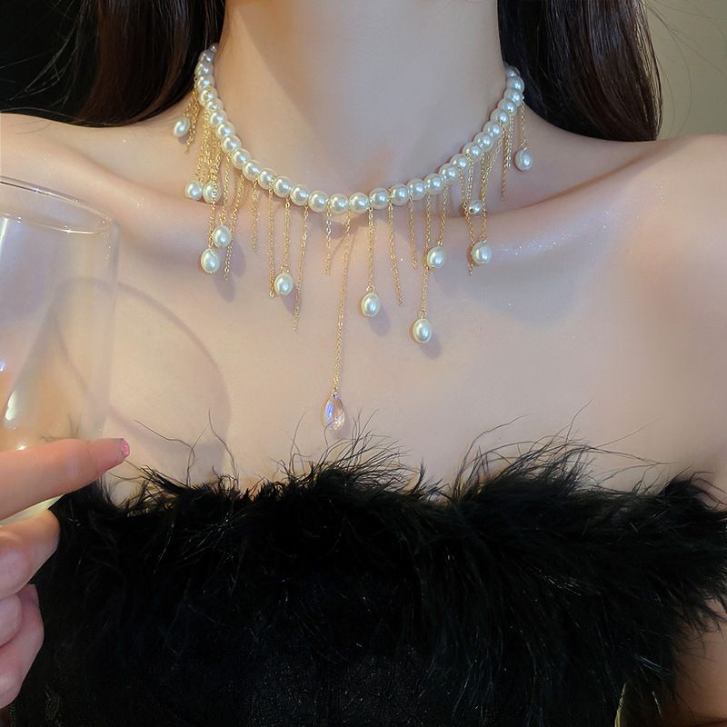 Dulce Color Sólido Perla Artificial Cobre Collar Con Cuentas Borla Collares De Cobre 1 Pieza
