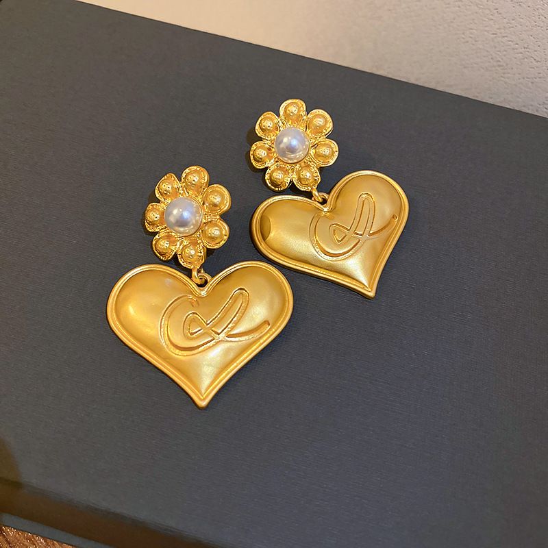 Sweet Heart Shape Flower Artificial Pearl Copper Drop Earrings Artificial Pearls Copper Earrings