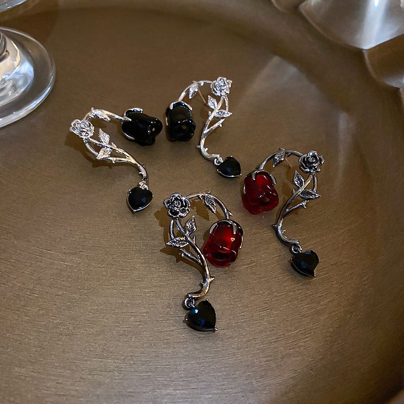 Fashion Heart Shape Rose Arylic Copper Drop Earrings Plating Zircon Copper Earrings