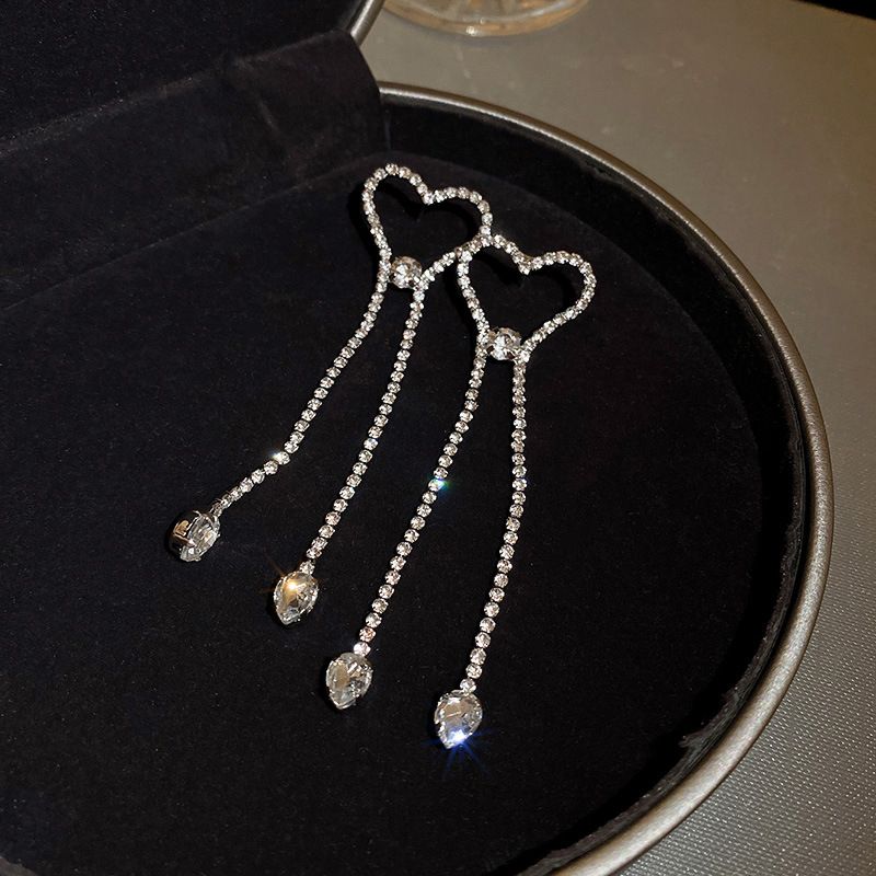 Sweet Heart Shape Copper Drop Earrings Tassel Plating Inlay Rhinestone Copper Earrings