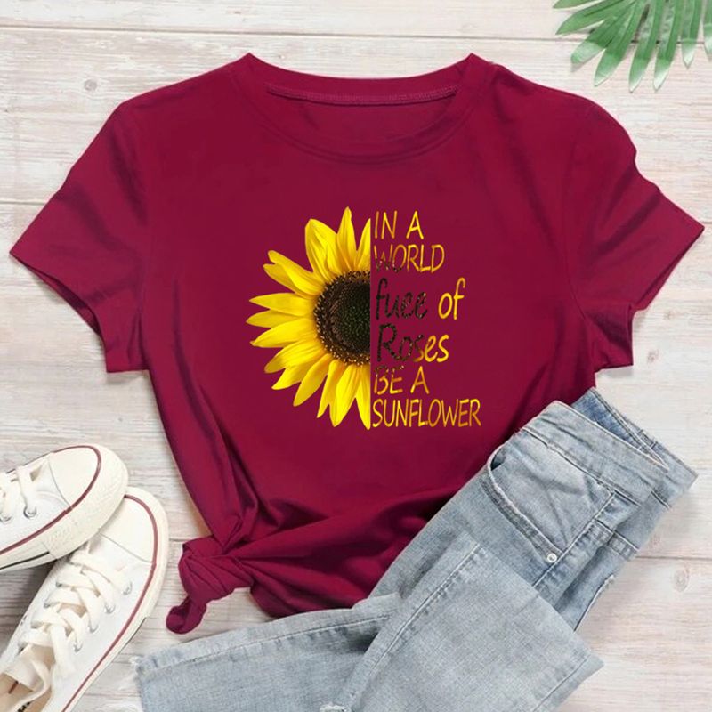 Mode Sonnenblume Brief Baumwolle Rundhals Kurzarm Normale Ärmel Drucken T-shirt
