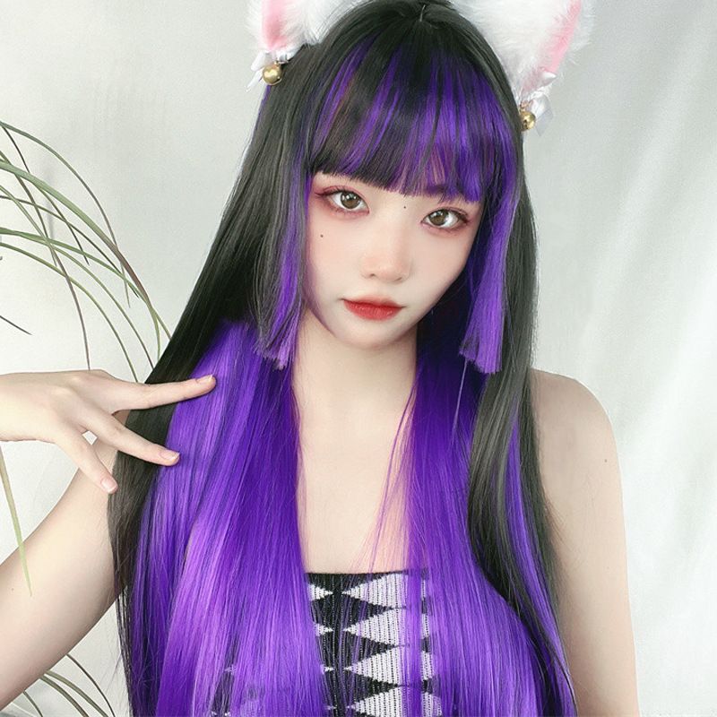 Women's Japanese Style Street High Temperature Wire Bangs Long Straight Hair Wigs
