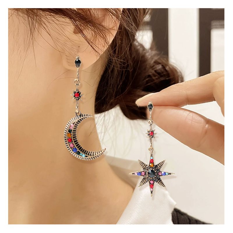 Style Ethnique Star Lune Alliage Incruster Turquoise Strass Boucles D'oreilles