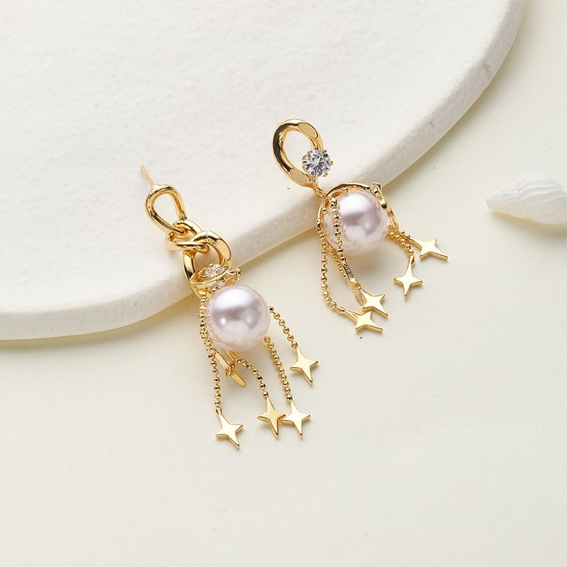 Luxurious Tassel Copper Drop Earrings Plating Artificial Pearl Copper Earrings