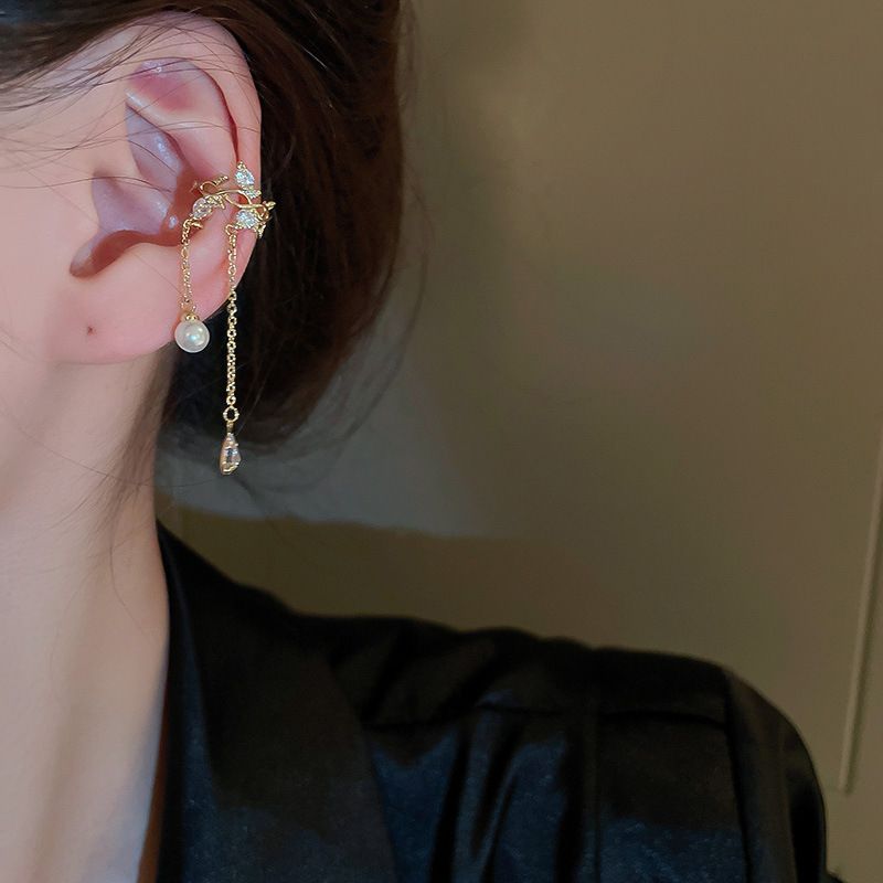 Sweet Geometric Artificial Pearl Copper Ear Clips Tassel Zircon Copper Earrings 1 Piece