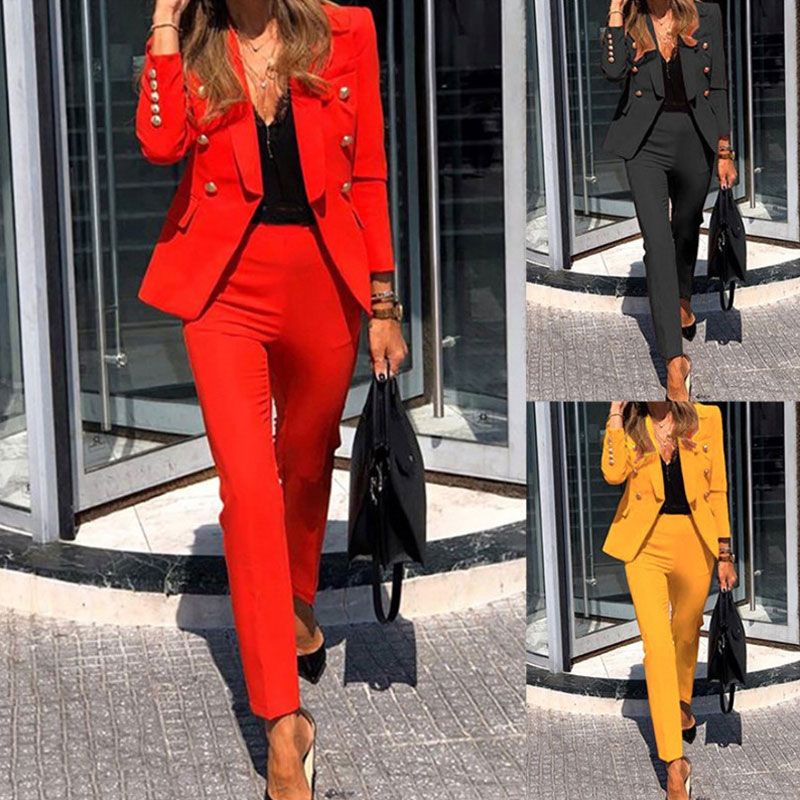 Formal Solid Color Polyester Button Pants Sets 2 Piece Set