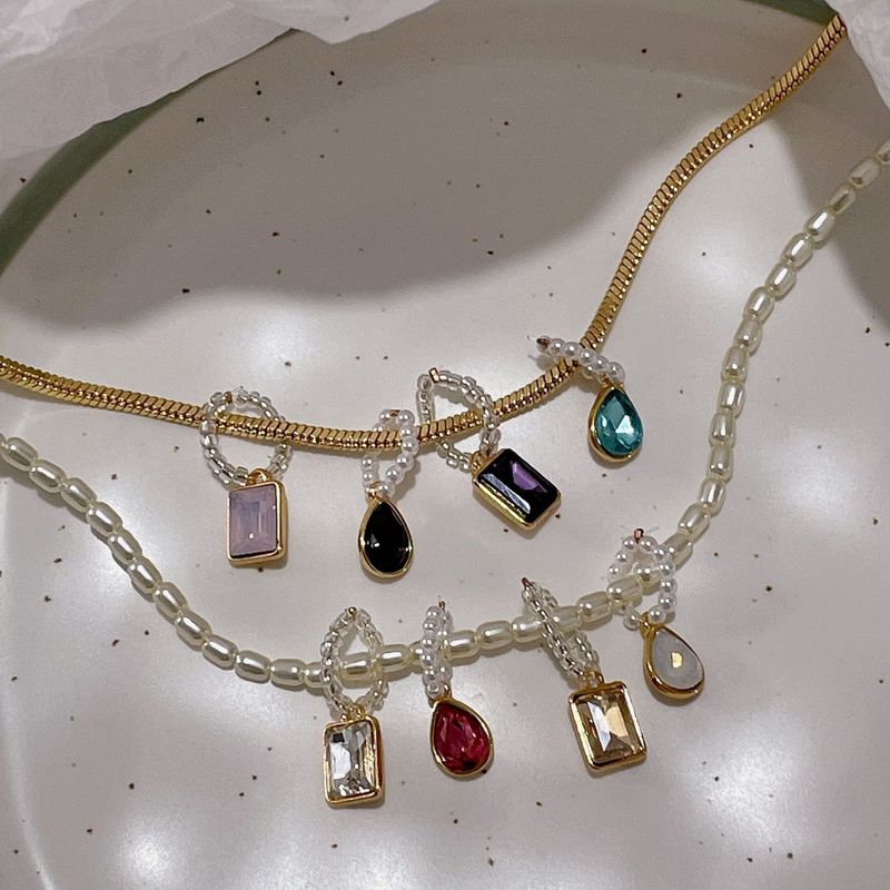 Moda Cuadrado Gotitas De Agua Aleación Cobre Embutido Perlas Artificiales Diamantes De Imitación Mujeres Collar