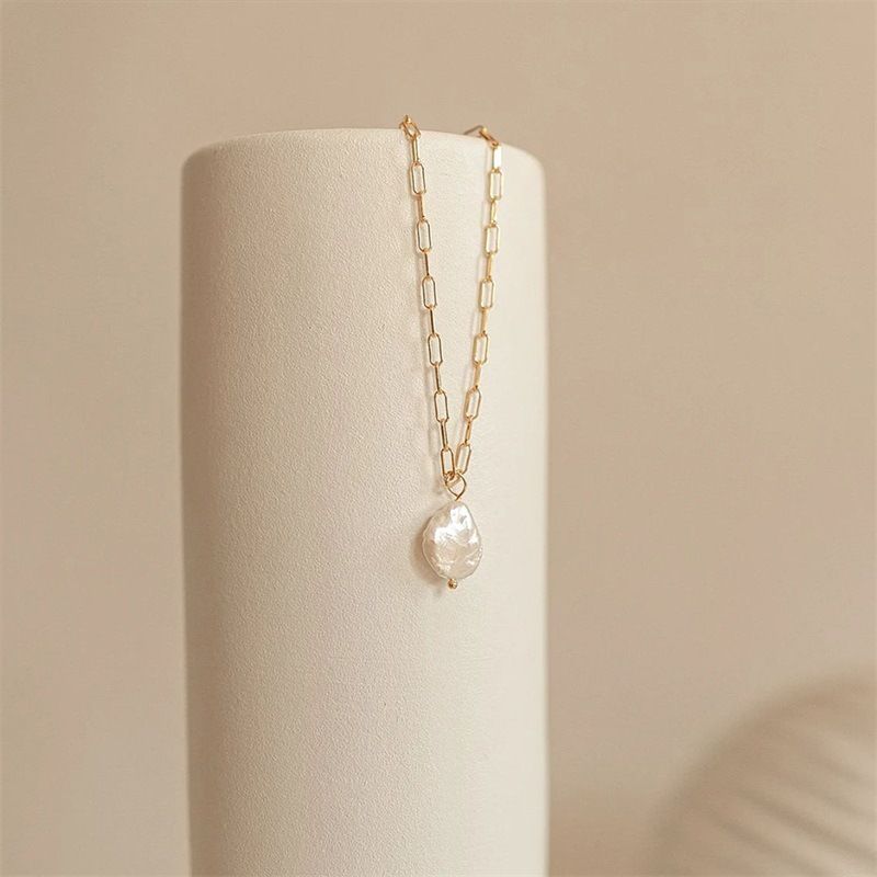 Stainless Steel 14K Gold Plated Fashion Pearl Water Droplets Freshwater Pearl Pendant Necklace