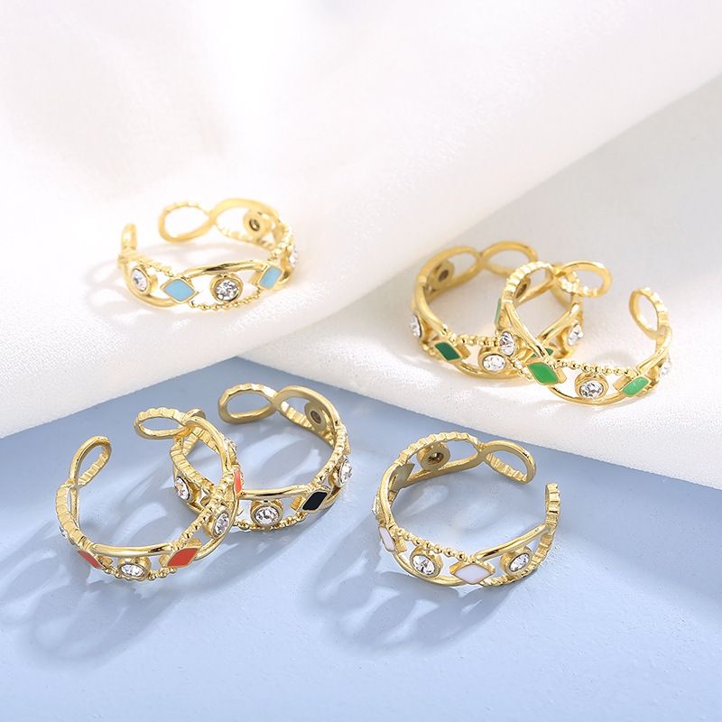 Acero Inoxidable Resina Chapados en oro de 18k Moda Esmalte Embutido Geométrico Diamantes De Imitación Anillo Abierto