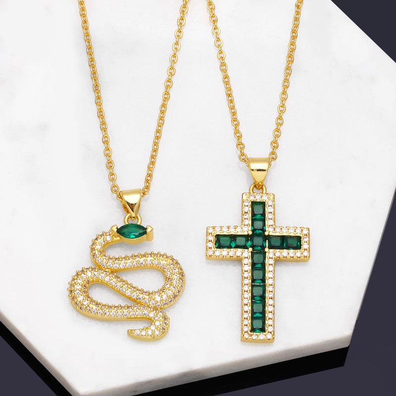 Fashion Cross Snake Copper Pendant Necklace Inlay Zircon Copper Necklaces