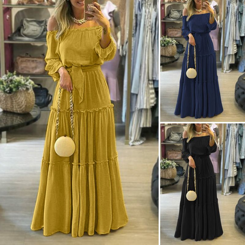 Women's Pleated Skirt Casual Fashion Boat Neck Splicing Ruffles Folds Long Sleeve Solid Color Maxi Long Dress Holiday Daily