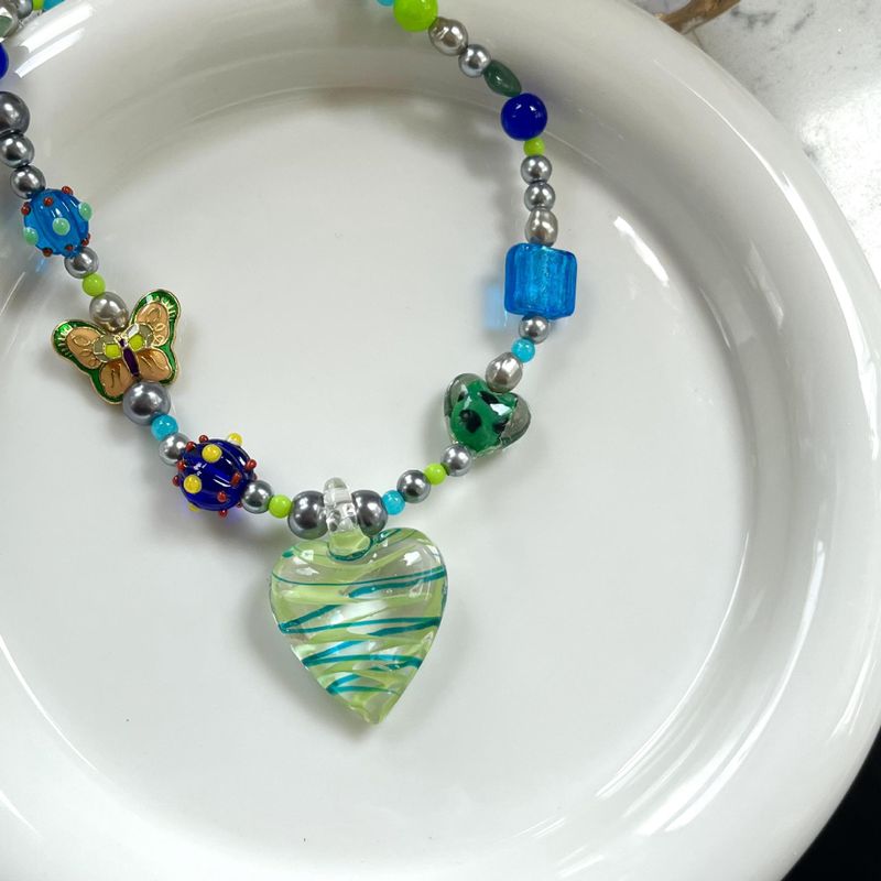 Sweet Heart Shape Beaded Butterfly Pendant Necklace