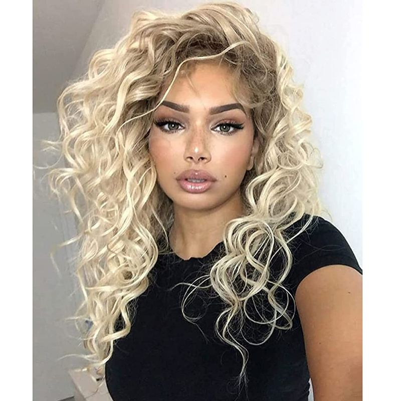 Women's Fashion Gold Party High Temperature Wire Centre Parting Long Curly Hair Wigs