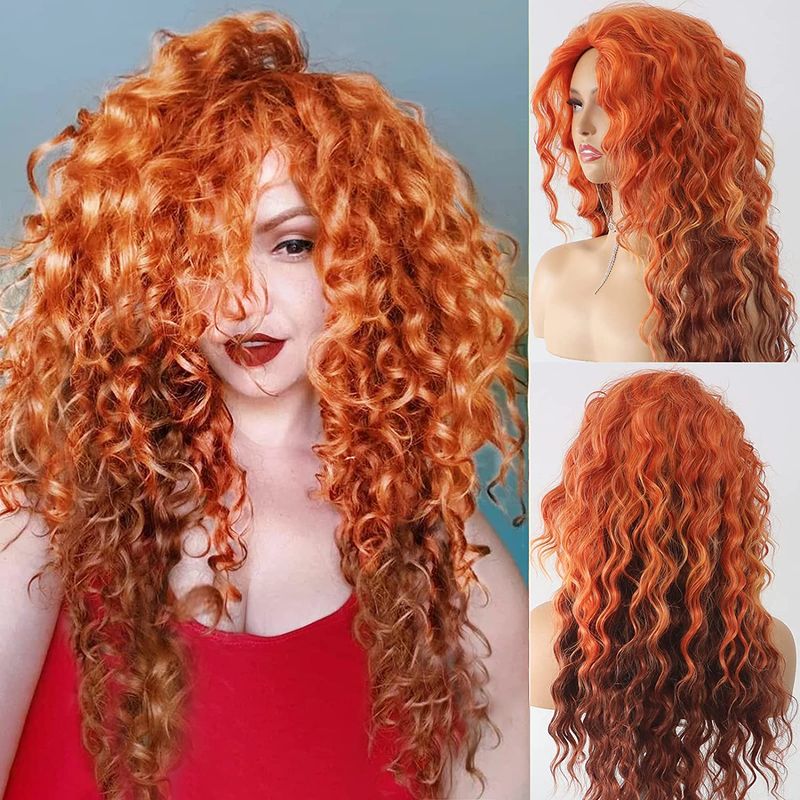 Femmes Mode Orange Fête Fil Haute Température Pointes Latérales Cheveux Longs Et Bouclés Perruques