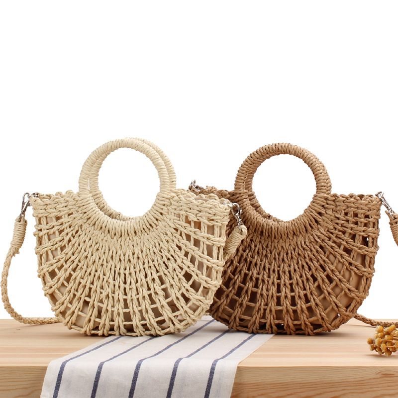 Women's Small Straw Solid Color Fashion Hollow Out Shell String Crossbody Bag