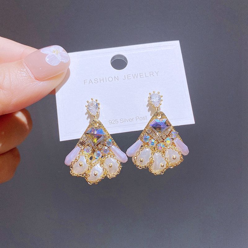 Vintage Style Sector Copper Drop Earrings Inlaid Pearls Crystal Copper Earrings 1 Pair