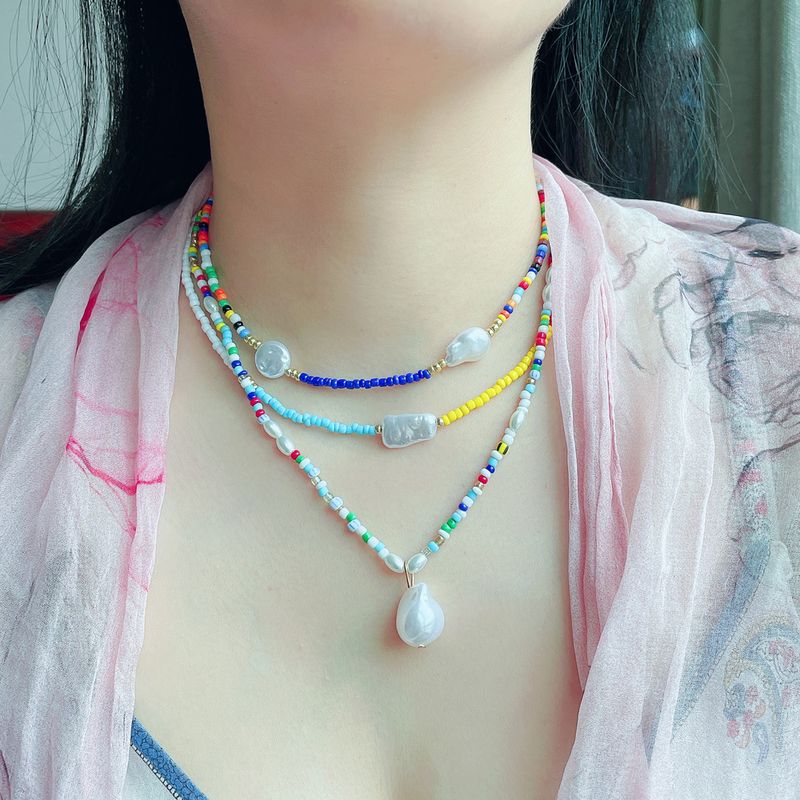 Ethnic Style Geometric Beaded Glass Inlay Artificial Pearl Necklace