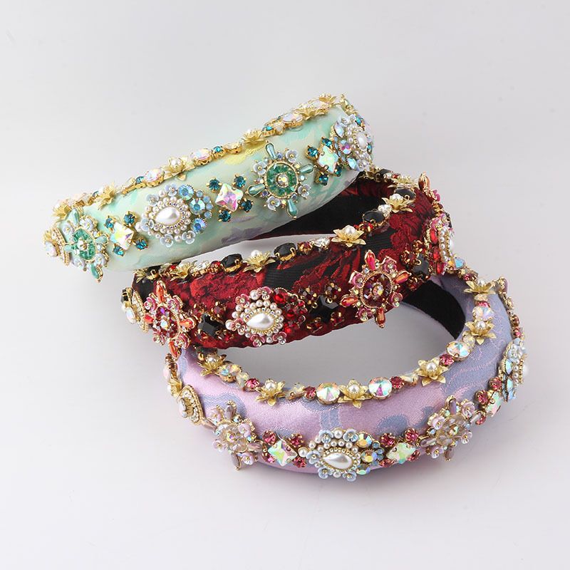 Baroque Style Flower Sponge Inlay Rhinestone Pearl Hair Band