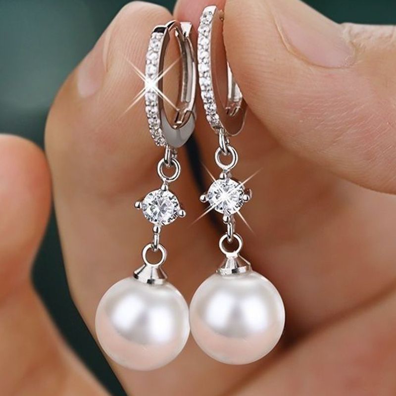 Sweet Geometric Imitation Pearl Copper Earrings Plating Rhinestones Copper Earrings