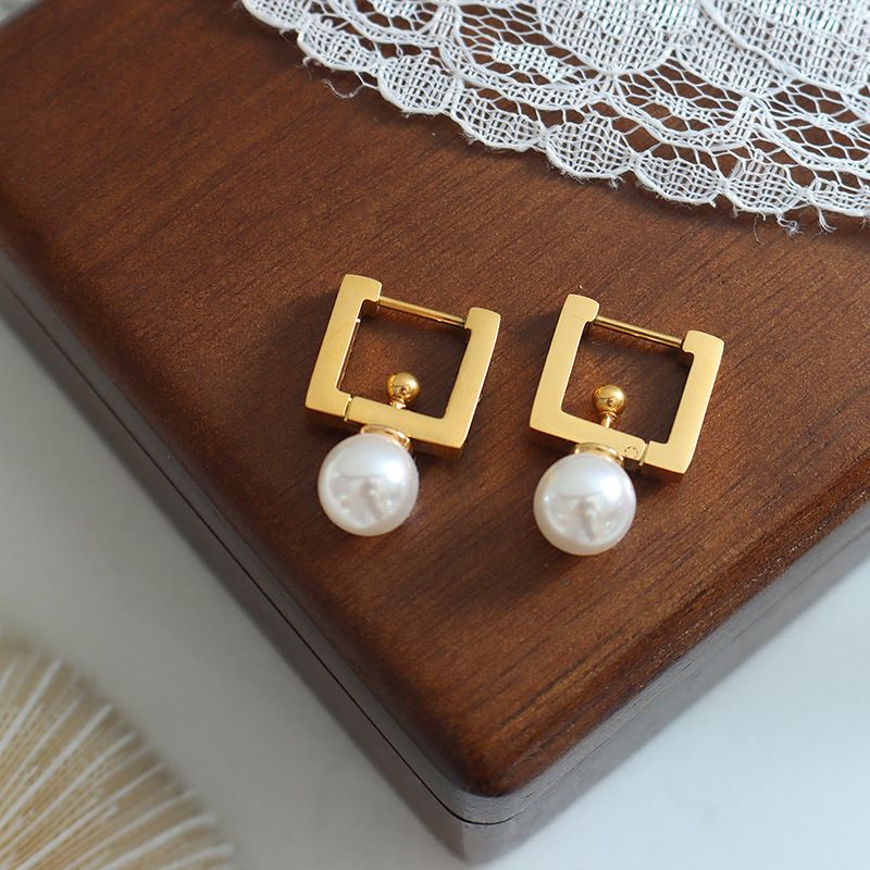Französische Art Quadrat Titan Stahl Tropfenohrringe Inlay Künstliche Perlen Edelstahl Ohrringe