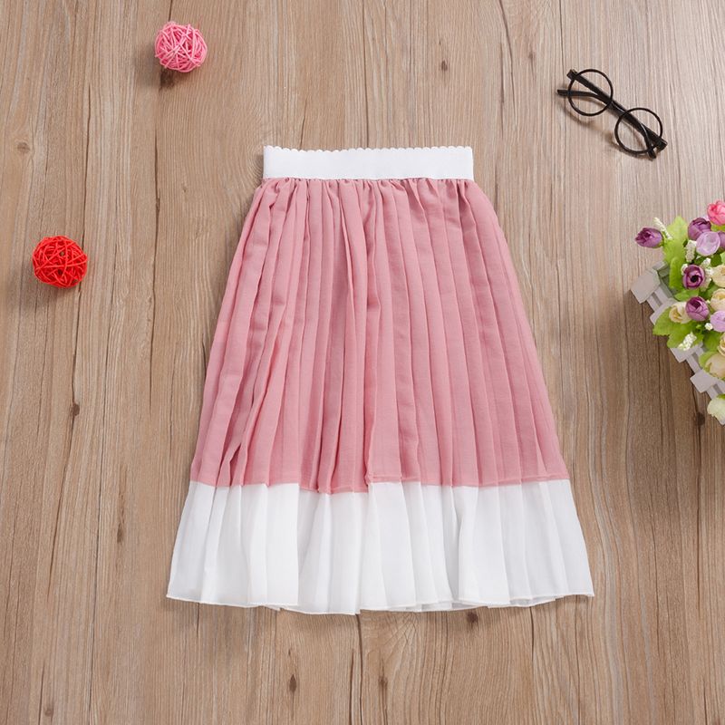 Preppy Style Color Block Cotton Polyester Pleated Pleated Skirt Knee-length Baby Clothes