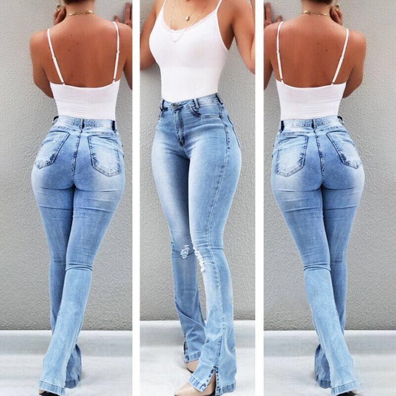 Women's Holiday Daily Fashion Simple Style Streetwear Solid Color Full Length Washed Hole Flared Pants Jeans