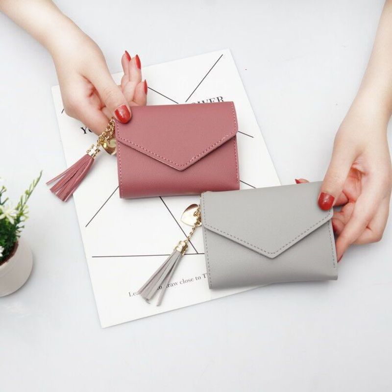 Fashion Heart Shape Solid Color Tassel Square Flip Cover Small Wallet
