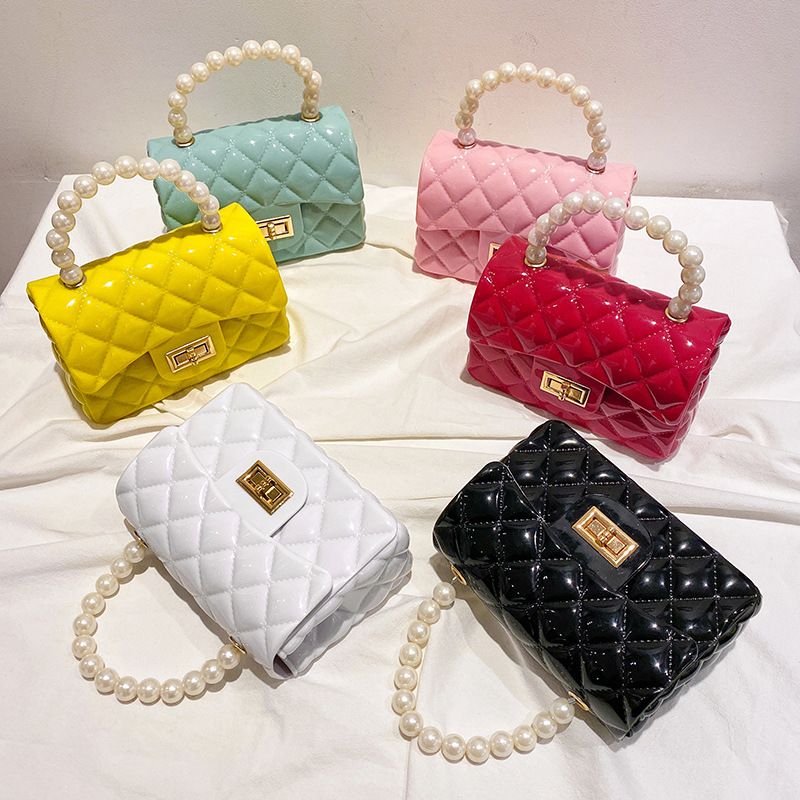 Fashion Lingge Pearls Quilted Square Buckle Jelly Bag