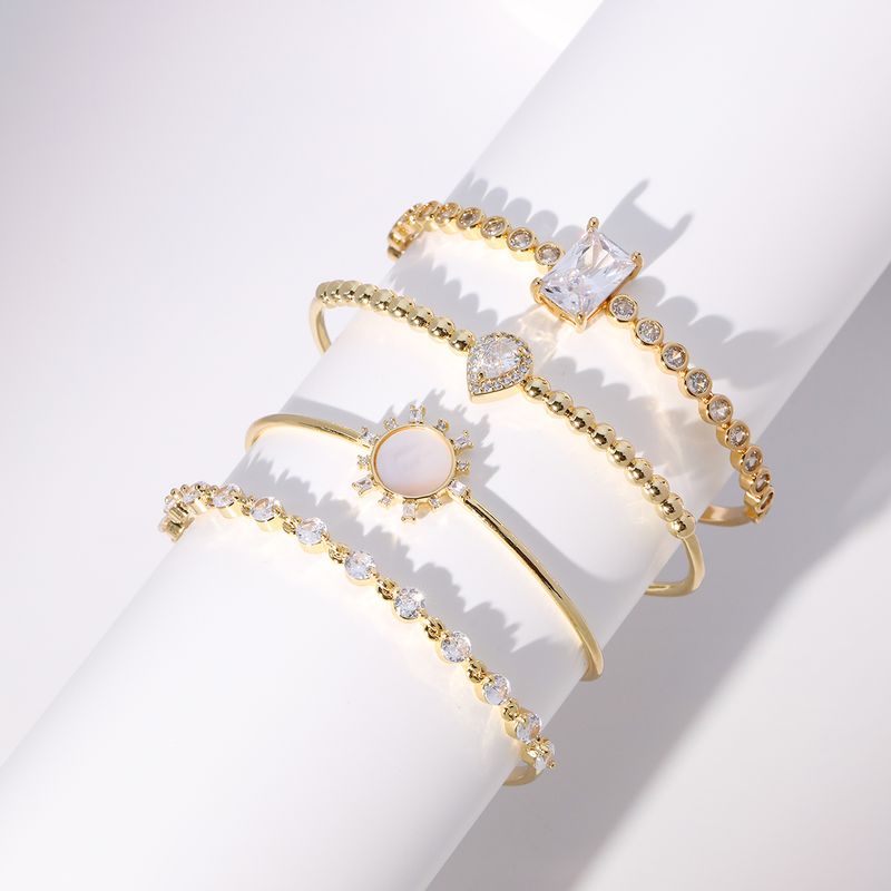 Fashion Water Droplets Flower Rectangle Copper Bangle Gold Plated Shell Zircon Copper Bracelets 1 Piece