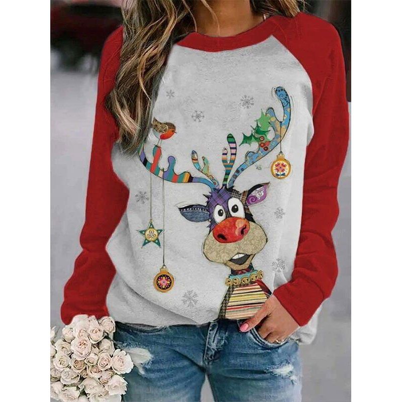 Fashion Snowman Elk Cotton Round Neck Long Sleeve Regular Sleeve Printing T-shirt