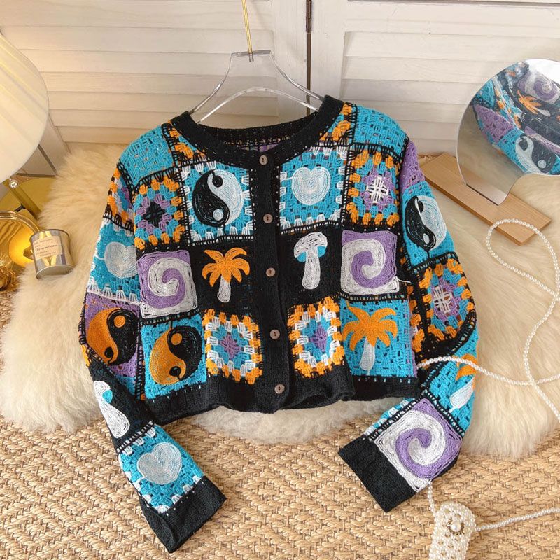 Ethnic Style Color Block Cotton Blend V Neck Long Sleeve Regular Sleeve Hollow Out Knitwear