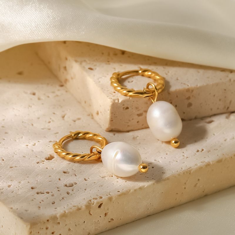 1 Pair French Style Geometric Stainless Steel Twist Ring Freshwater Pearl Gold Plated Hoop Earrings Drop Earrings