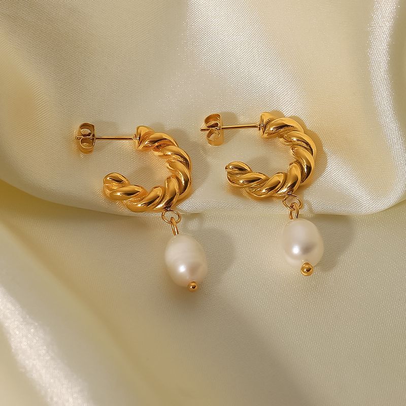 Fashion Geometric Stainless Steel Gold Plated Freshwater Pearl Gold Plated Drop Earrings