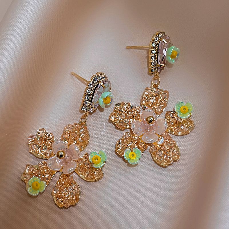 Retro Water Droplets Flower Copper Earrings Plating Acrylic Rhinestone Zircon Copper Earrings