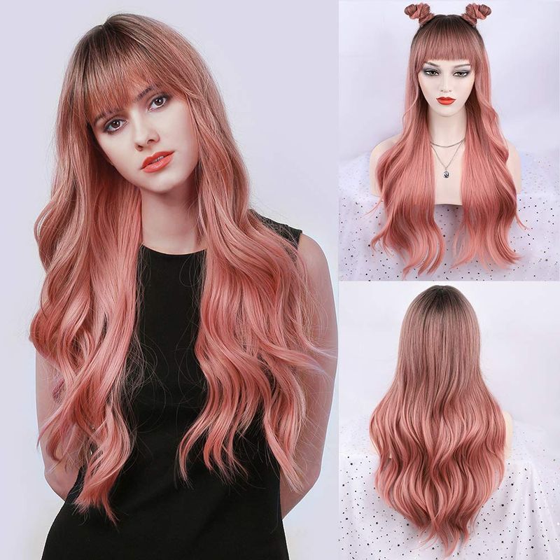 Women's Sweet Grey&pink Party Chemical Fiber Flat Bangs Long Curly Hair Wigs