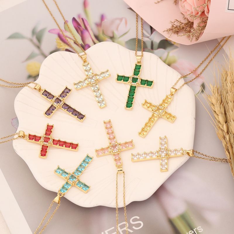 Stainless Steel Copper 18K Gold Plated Fashion Inlay Cross Zircon Pendant Necklace