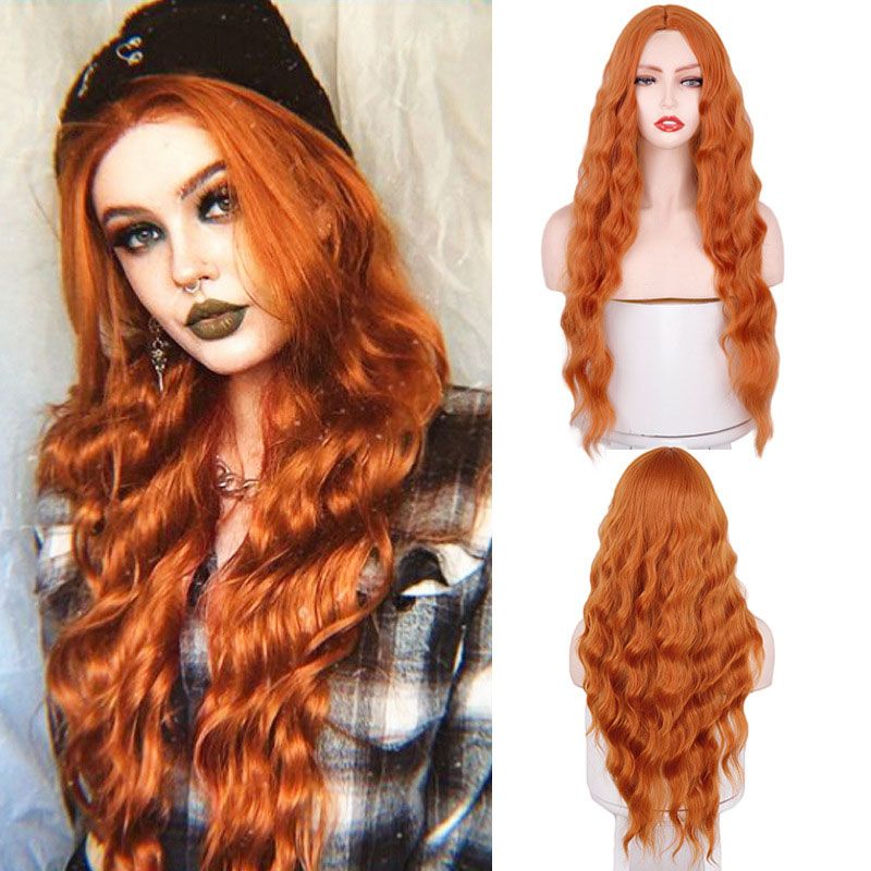 Femmes Mode Orange Décontractée Fibre Chimique Pièce Centrale Cheveux Longs Et Bouclés Perruques