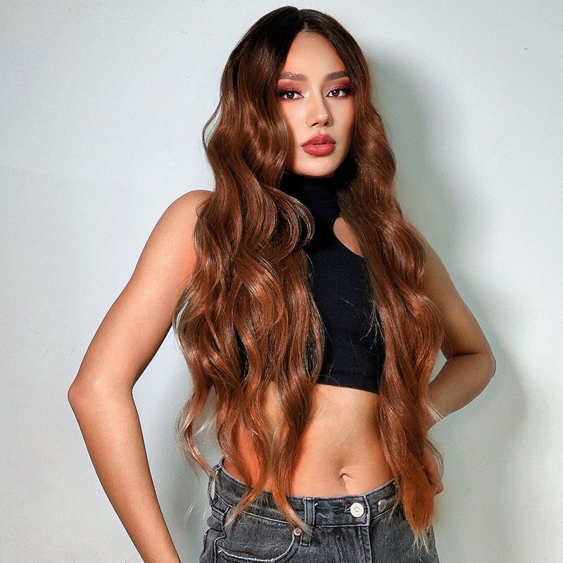 Women's Fashion Light Brown Casual Chemical Fiber Centre Parting Long Curly Hair Wigs