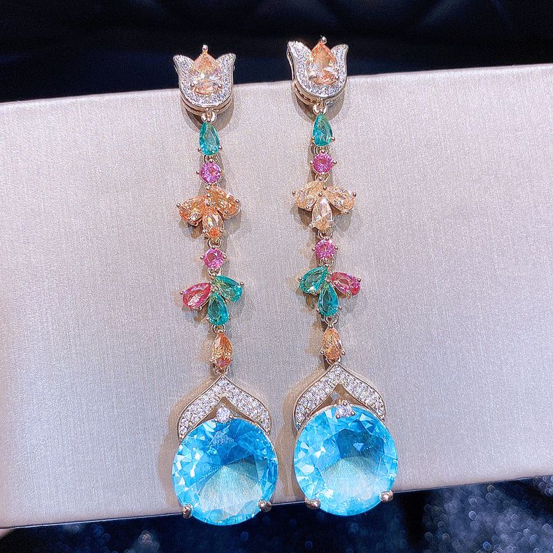 Glam Geometric Copper Drop Earrings Artificial Gemstones Zircon Copper Earrings