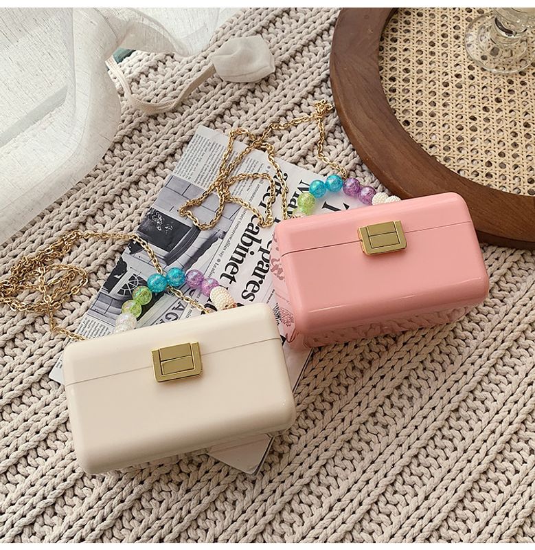 Cute Solid Color Beaded Chain Square Buckle Square Bag